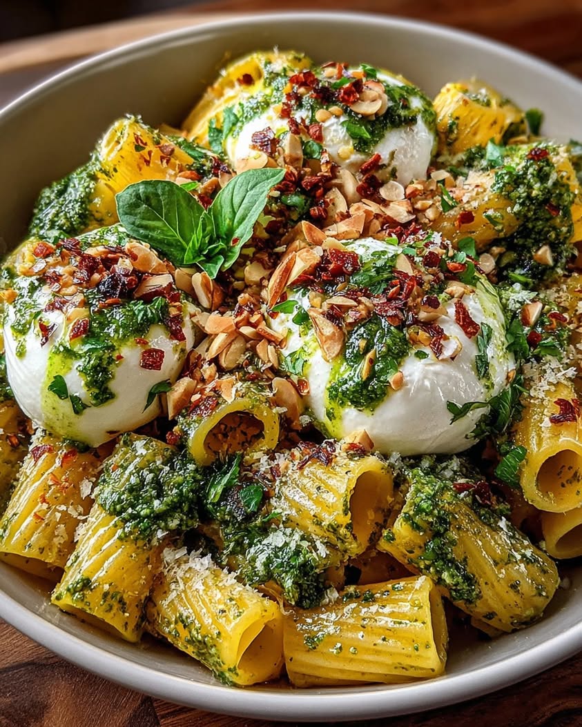 Creamy Burrata Pesto Rigatoni Perfection 3 basil pesto rigatoni burrata almonds