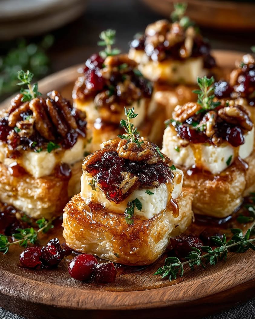 Maple Brie Bites with Cranberry Drizzle 3 caramelized maple brie bites