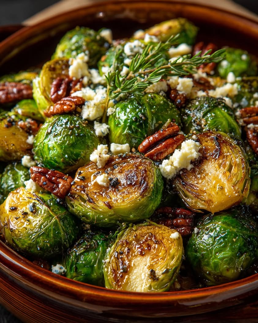 Cider Roasted Brussels Sprouts Recipe 3 cider roasted brussels sprouts candied pecans feta