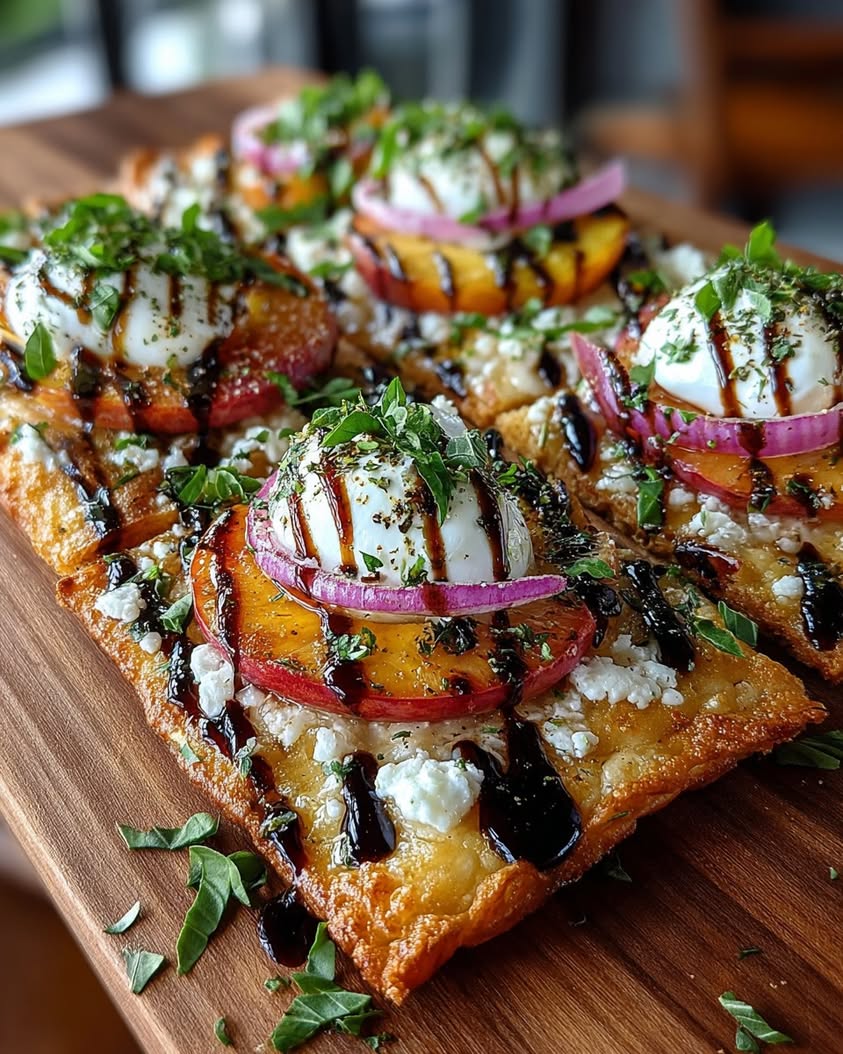 Peach Burrata Basil Flatbread Recipe 3 peach burrata balsamic flatbread basil