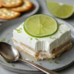 Side view of a square slice of lime icebox cake with cookie layers and lime zest garnish on a turquoise background.
