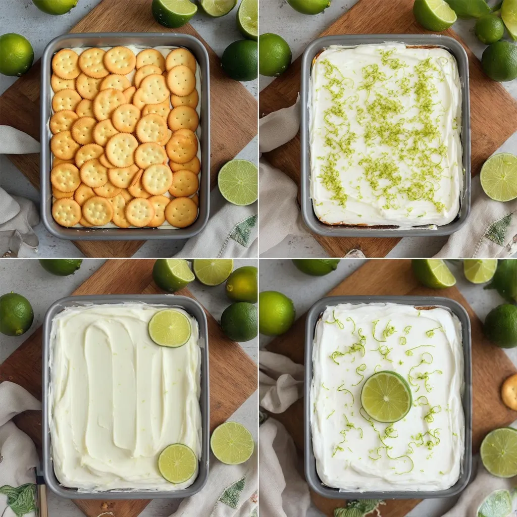 Close-up of cookie and lime cream layers in a slice of Mexican lime icebox cake on a pastel blue plate.