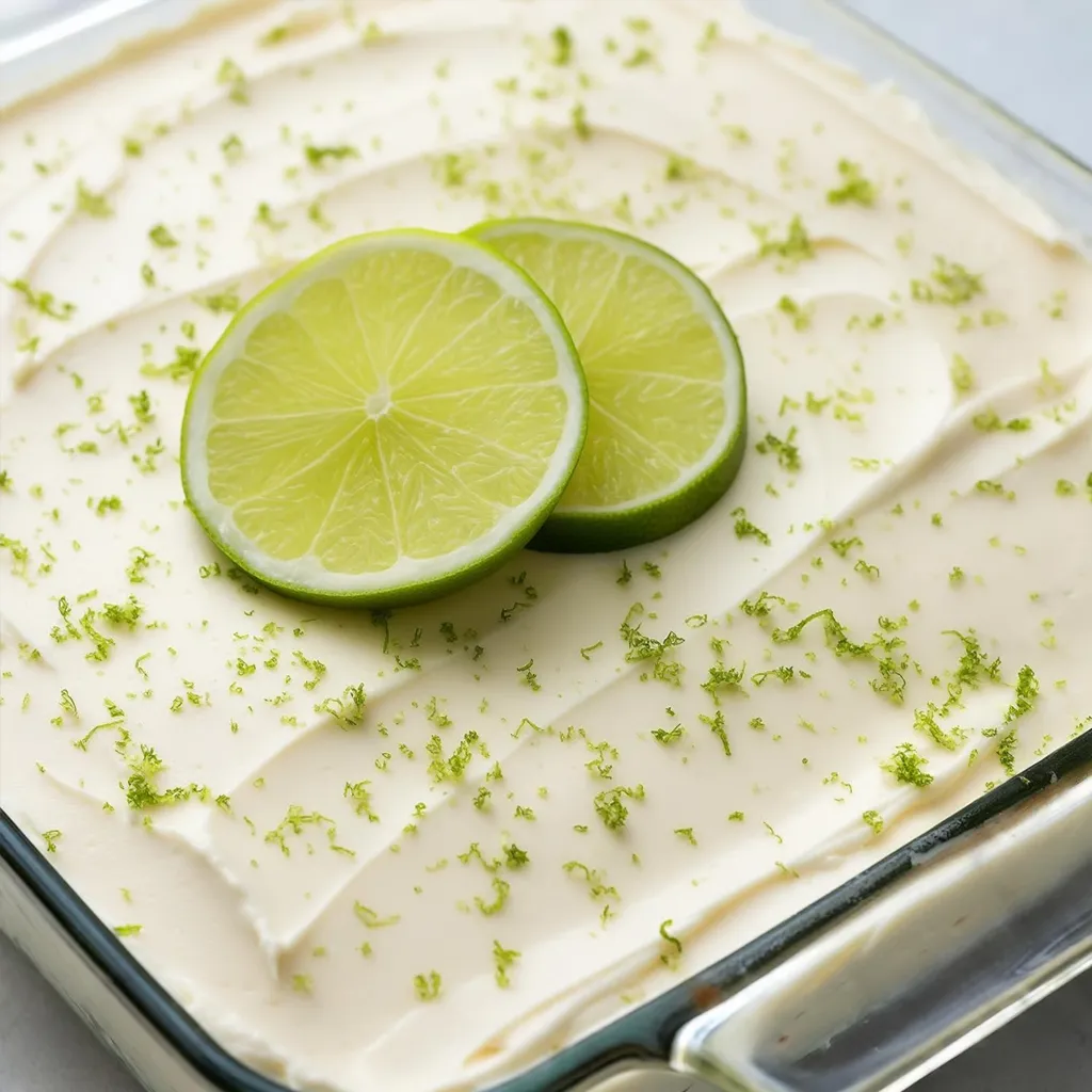 Bright slice of lime icebox cake garnished with fresh lime wedge and lime zest on a minimalist plate.