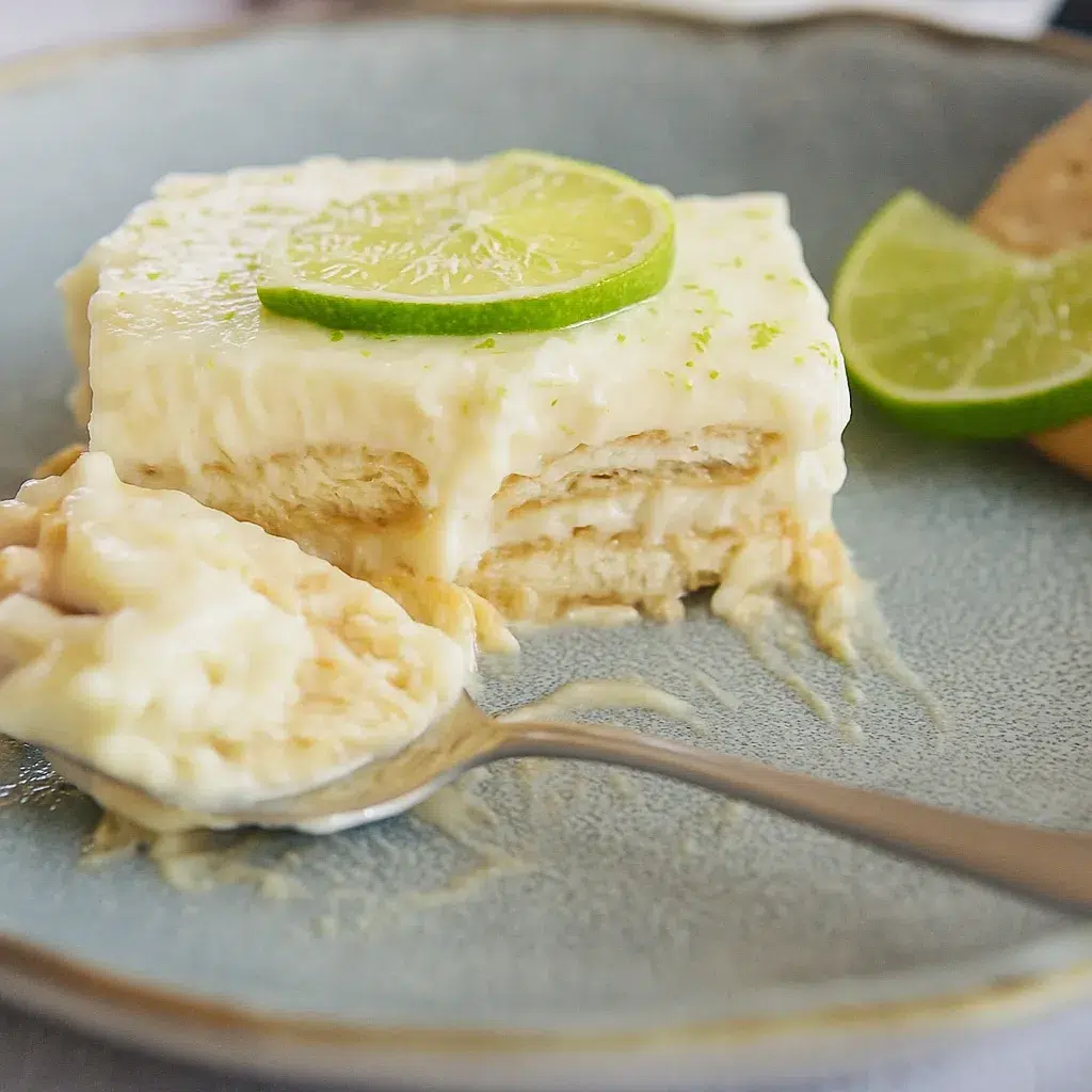 A refreshing slice of Mexican Lime Icebox Cake on a white plate, topped with lime zest and layered cookies, perfect for summer no-bake desserts.