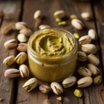 Pistachio butter on wooden kitchen table