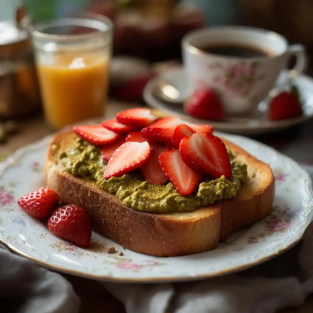 Toast topped with pistachio butter and fruit