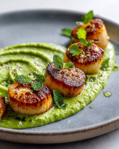 mushroom scallops pea mint puree