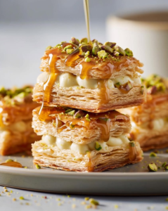 caramel pistachio mille feuille bites