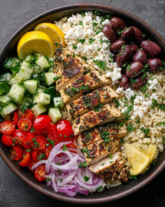 mediterranean grilled chicken rice bowl