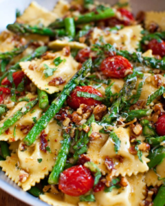 ravioli tomatoes asparagus garlic walnuts