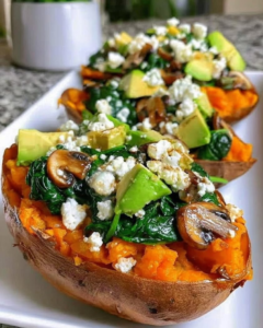 stuffed sweet potatoes spinach avocado mushroom