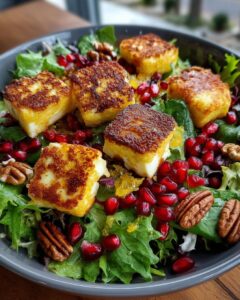 pomegranate greens salad halloumi croutons