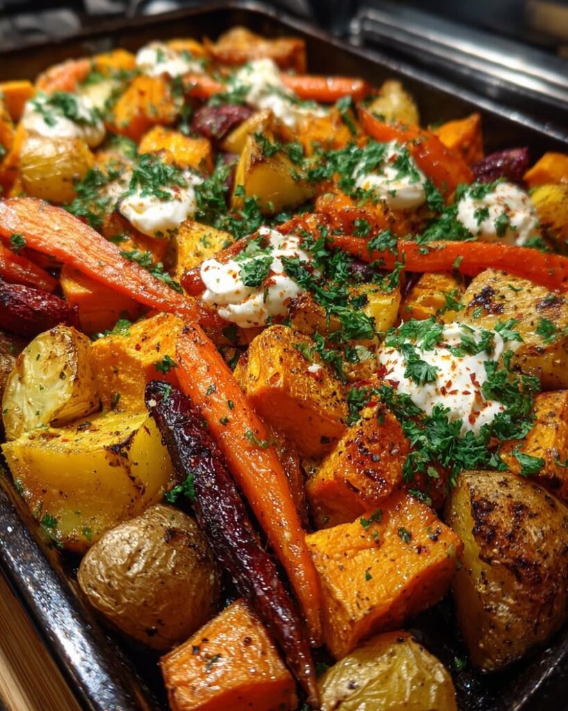 roasted vegetables spicy feta glaze