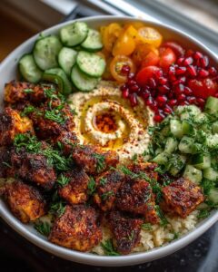 Spicy Garlic Chicken Bowls with Hummus and Cucumber Salad