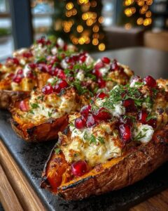 Festive Sweet Potato Boats with Brie and Pomegranate Seeds