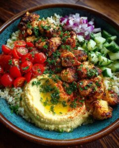 spicy garlic chicken hummus bowl